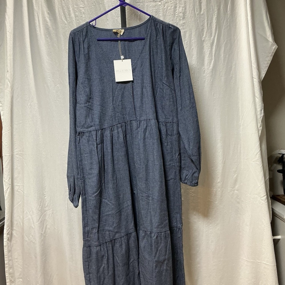 Mus & Bombon PAS Women's S Blue Houndstooth Tiered Maxi Dress NWT Made Spain